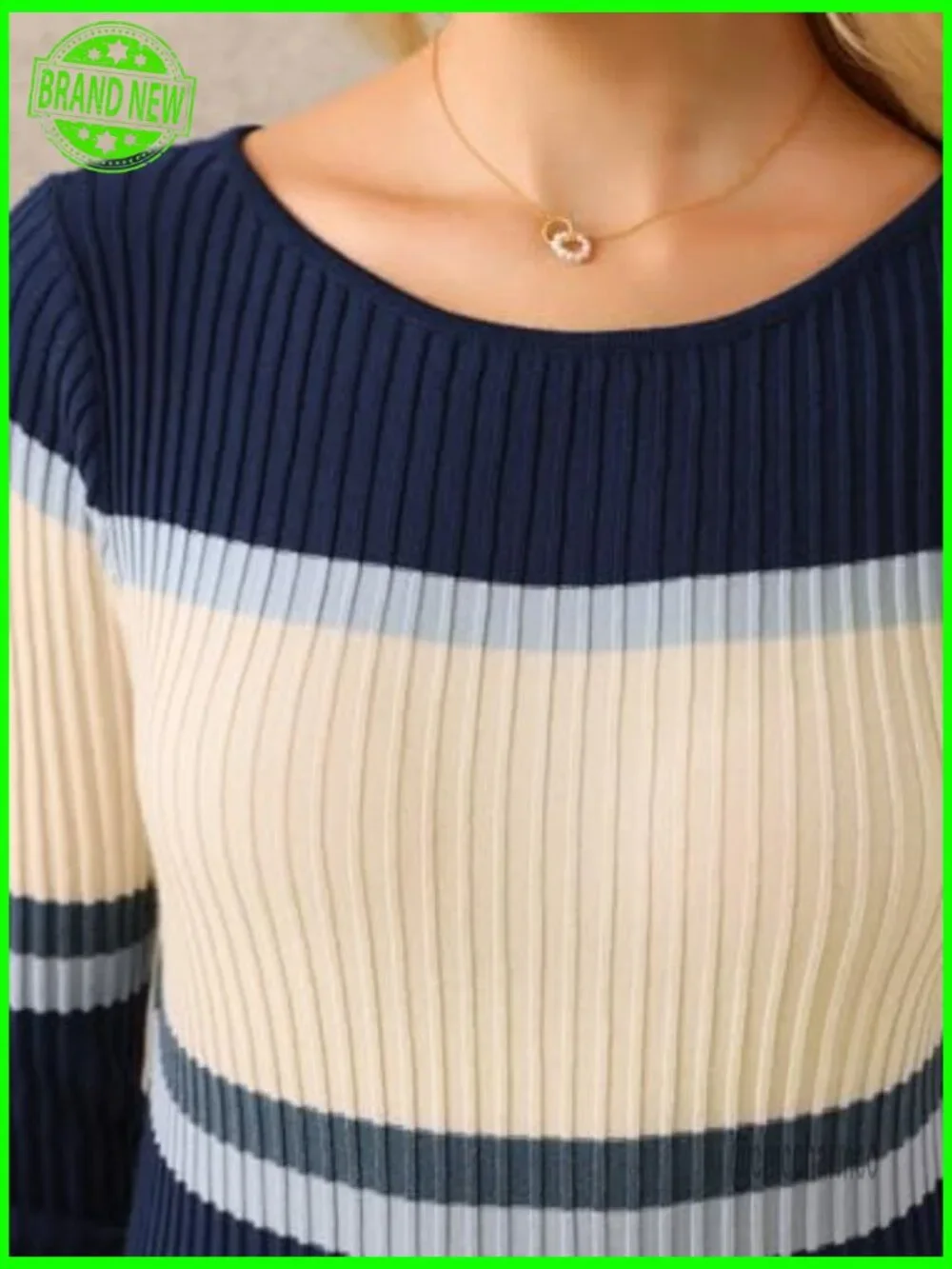 Striped Sweater Dress Long Sleeve Ribbed Knit Bodycon Midi Work Casual - Picture 4 of 6